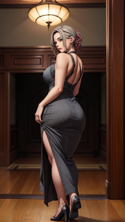 (Highest quality,8k,masterpiece:1.2),Very detailed,One Girl, Gray two-tone hair,dress,Long skirt,Beautifully detailed face, Complex,Dramatic lighting,4K,Detailed Background,Caustics,Portraiture,Full Body Shot,Looking at the audience,Rear view, Her butt is nice and round、The curve is clear, Beautiful lighting enhances the overall atmosphere. Full Body Shotで彼女を魅力的に見せましょう.