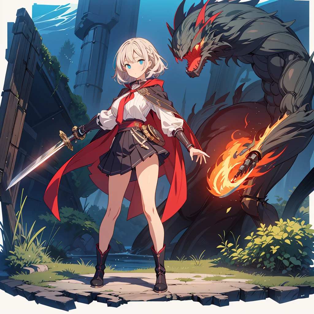 (Tabletop, Highest quality), (perfect athletic body: 1.2), (Thin Hair), Super Detailer, Anime Style, whole body, alone, woman剣士, Sea green twin hairstyles with blue eyes, Wearing a tattered black cloak and a black and red skirt, Wearing long boots, Burnt mechanical limbs, giant limbs, a burning hole in my chest, Standing in the Wilderness, 8K high resolution, White Background, whole body, Holding a huge sword in one hand, ((woman'purple-black flame'Fist of))Bullish appearance