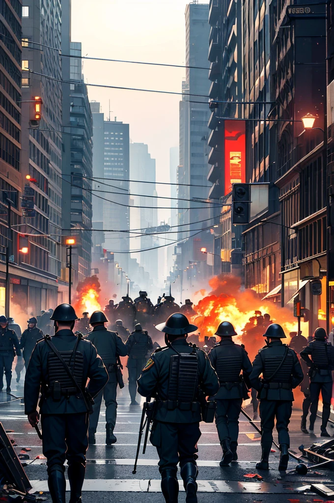 Chaotic streets,A group of military police lined up,Military police holding batons,Burning streets,The crowd scattered,Street in the early 20th century,There is debris on the ground,World War II,only woman