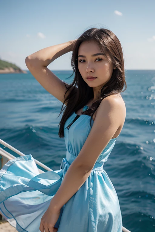 Kazakh girl, in a beautiful summer dress, against the backdrop of the sea