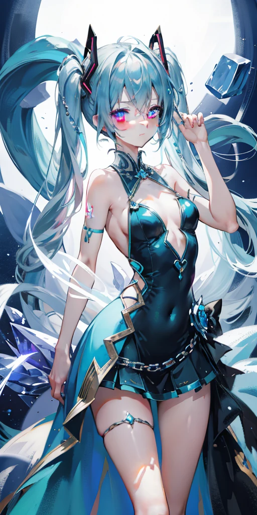 blue theme, Hatsune Miku portrait，masterpiece, magic , (Impossible Dress:1.5), mini skirt, Gradient background, Silver-blue hair, , bangs,Side Chain, pink eyes, (ulzang-6500-v1.1:0.9), Medium chest, Chest, Thigh gap, Hair accessories, arching back, Black_witch_have,complicated_decorate,mystery_fountain,luminescent_crystal