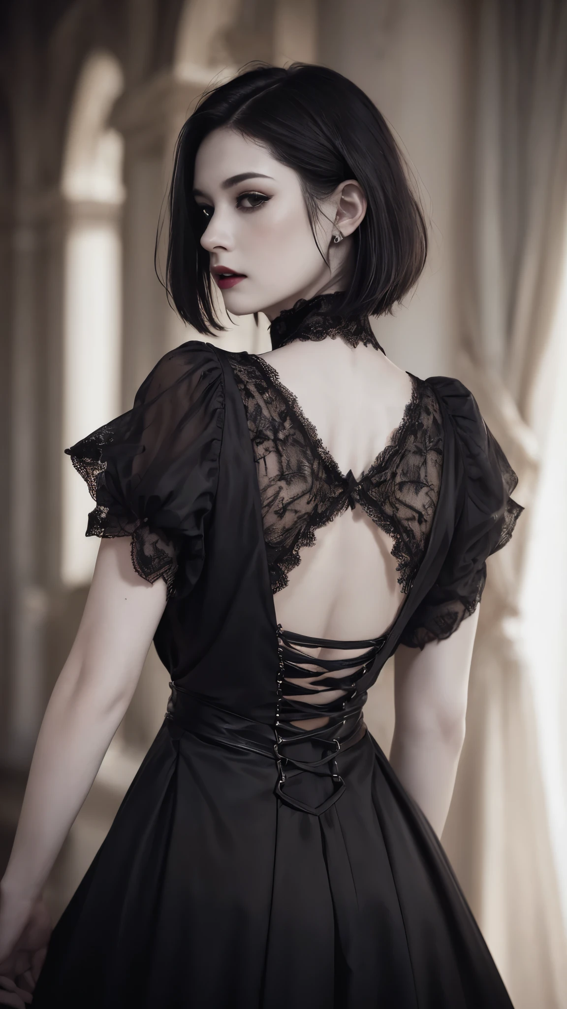 nsfw、(high quality: 1.3), Cinematic shots, masterpiece, (Sharp focus: 1.5), (Realistic: 1.3), Medium size portrait ((Big Breasts)) (Beautiful young vampire woman, Pale skin, Gothic, Still proud、Brave, Straight black short bob hair, Dark look, Detailed lace design、Wearing a very detailed dark tunic, Dark atmosphere, Sculpting shapes with chiaroscuro), that&#39;night, (Very detailed肌), (Detailed face),  Detailed Background, Dim lighting, dusk lighting, Volumetric lighting, Intricate details, Ultra-high resolution,Very beautiful woman、Slender women、(Detailed face)、Realistic Skin、((Delicate photo))，(少女masterpieceRAW写真詳細:1.25), (最high quality:1.6), (Ultra-high resolution:1.5), (Realistic:1.75),8k resolution, ,50mm,Absurd, Very detailed,Cinema Lighting、