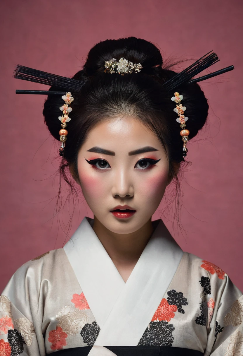 Centered on a dark background,The severed head of a beautiful 18-year-old Japanese woman wearing Korean makeup,The woman's eyes are open,The expression expresses icy fear.,Blood is dripping from his neck、In the background, there is a dilapidated old building and a gloomy fog.,8k