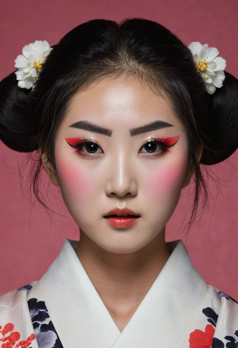 Centered on a dark background,The severed head of a beautiful 18-year-old Japanese woman wearing Korean makeup,The woman's eyes are open,The expression expresses icy fear.,Blood is dripping from his neck、In the background, there is a dilapidated old building and a gloomy fog.,8k
