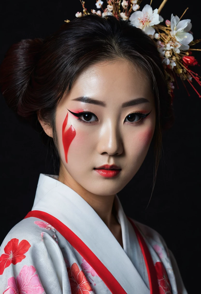 Centered on a dark background,The severed head of a beautiful 18-year-old Japanese woman wearing Korean makeup,The woman's eyes are open,The expression expresses icy fear.,Blood is dripping from his neck、In the background, there is a dilapidated old building and a gloomy fog.,8k
