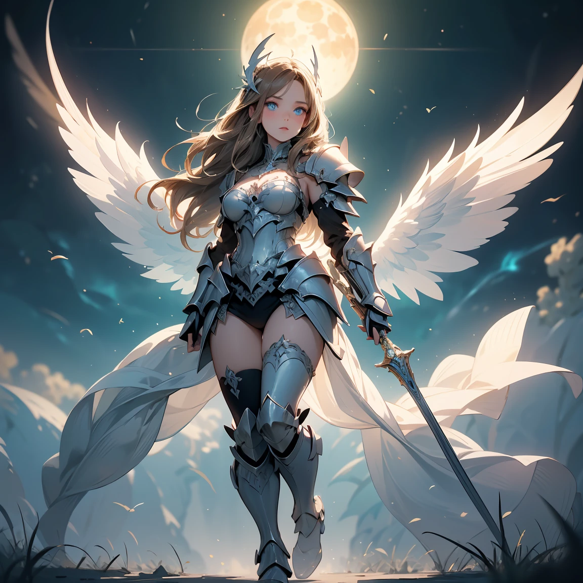 (((masterpiece))) (((highest quality))) (((8k resolution))) Queen in power armor, (gothic style), (full body shot 1.2), bellybutton, The most beautiful and sexy angel goddess, with long light brown hair, and glowing blue eyes, wearing intricate white gothic battle armor, angel wings, standing majestically in front of a gothic castle. ((perfect illumination)), a radiant glowing aura surrounds her, highlighting her divine presence and ethereal beauty, as she stands ready to defend her realm. The intricate details of her armor shimmer under the moonlight, and her angelic wings spread wide, casting an awe-inspiring shadow. Her glowing blue eyes exude both kindness and immense power, making her the epitome of grace and strength.