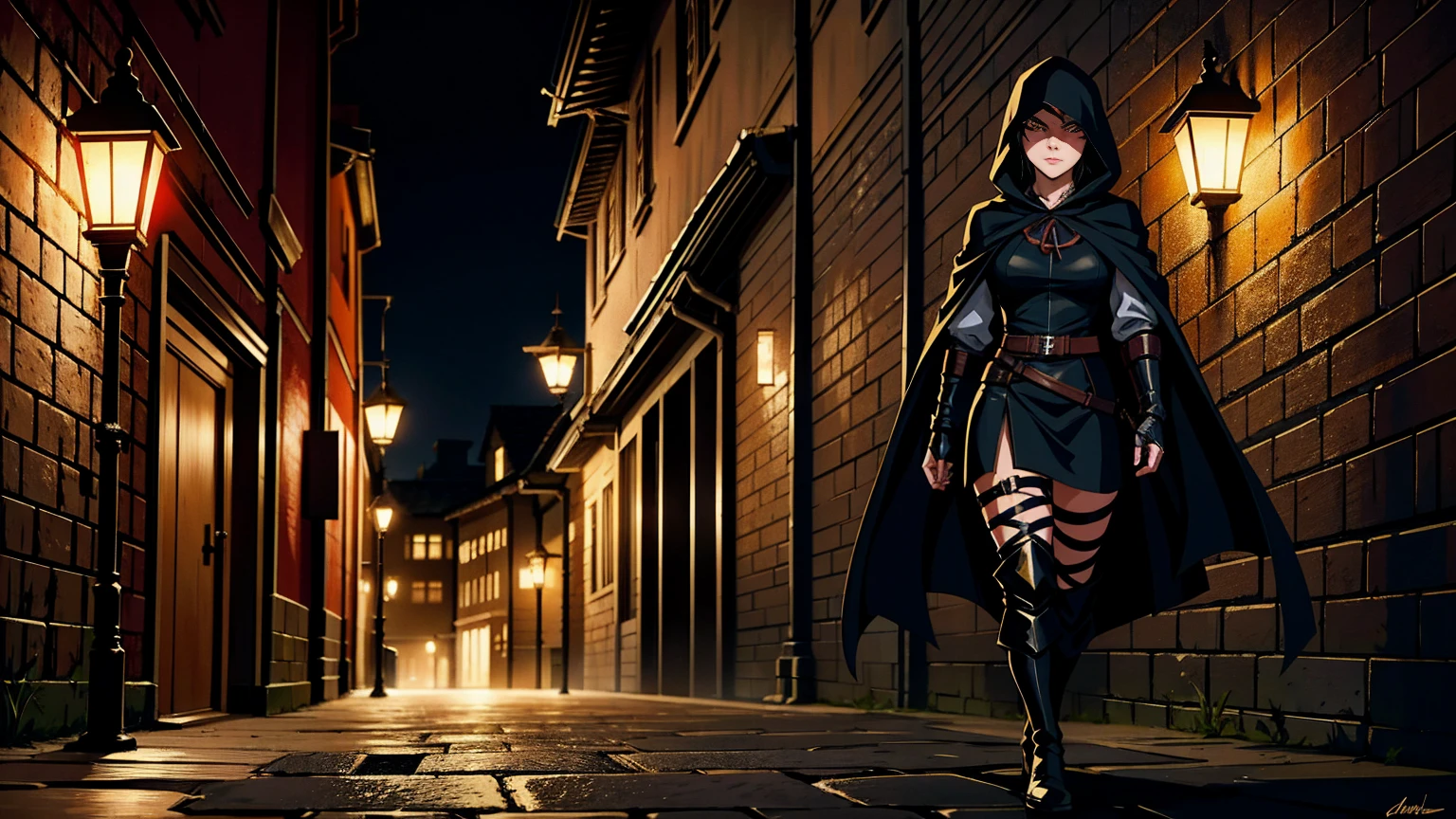 A young female assassin walking through a medieval city at night. She has a stealthy and determined expression, wearing dark, hooded clothing that helps her blend into the shadows. She carries various weapons, such as daggers and throwing knives, hidden within her attire. The background features narrow, cobblestone streets, tall ancient buildings, and dimly lit lanterns casting eerie shadows. The atmosphere is tense and mysterious, capturing the essence of a skilled assassin navigating the city unnoticed.