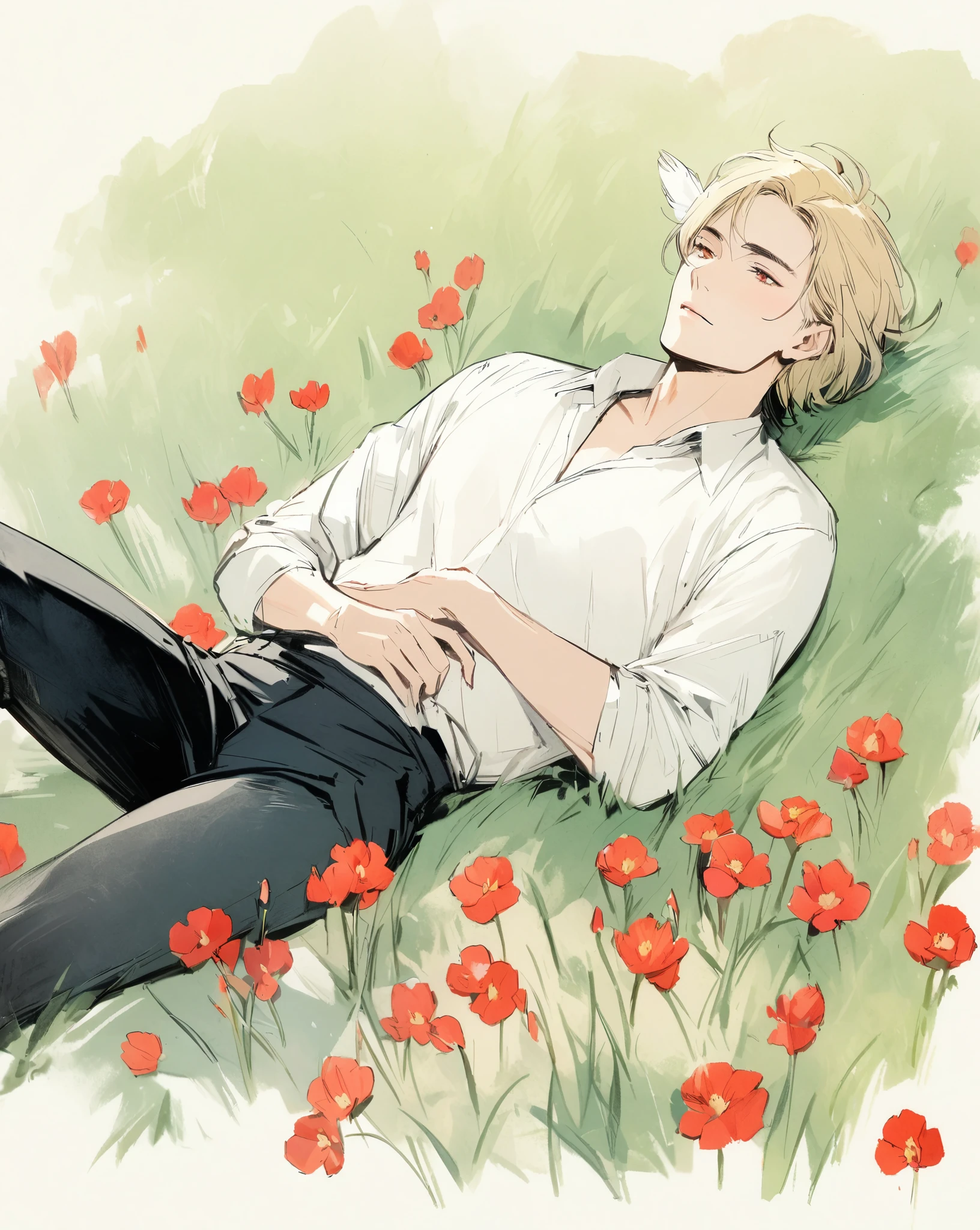 Vintage Victorian style, Precise antique botanical encyclopedia vintage illustrations, (work of art, best qualityer), 1 mature male, hair blonde, Eyes red, ((black pants)), feather hair ornament, white shirt with red details and embroidery, 1 man only, out, ((lying in a grass with red bell flowers)), Red flowers of Fritillaria Imperialis