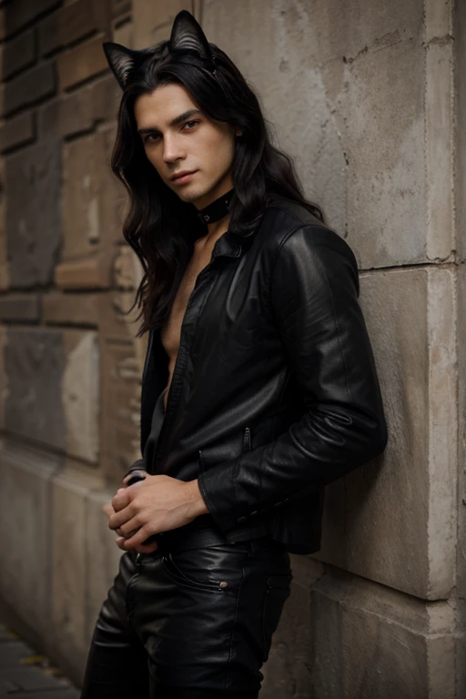 portrait of a young European man with cat ears, long black wavy hair, wearing a black shirt and leathers pants