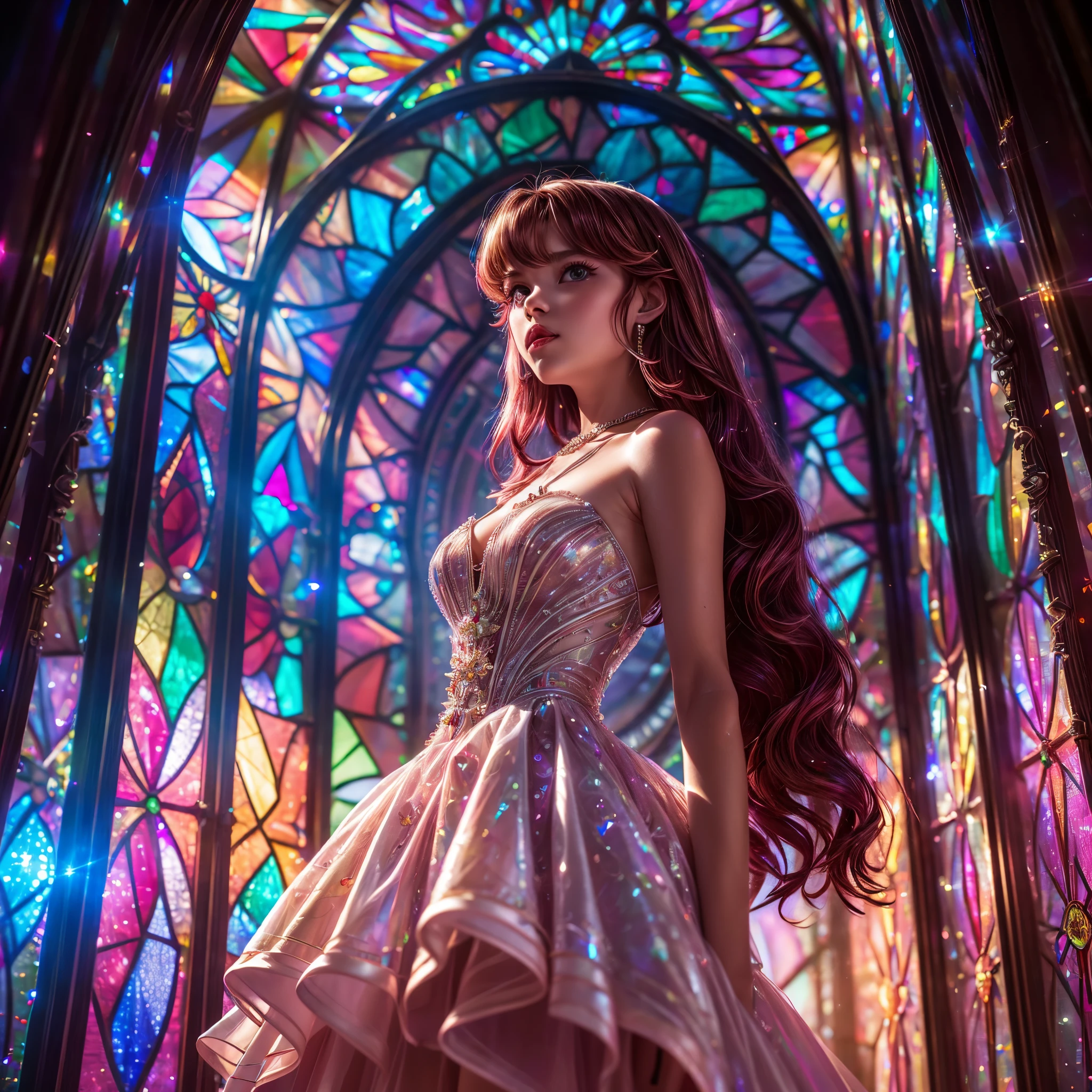 RubyRed (Cathedral from below:1.28) (ZoomLayer) TopQuality 8K masterpiece of ((Professional photo)), (((Clarisse de Cagliostro))) (Detailed White WeddingDresses), Chain, (((Extremely detailed KAWAII face))) {((VeiledFace))|BlondeHair|(Elaborate BuleEyes)with(SparklingHighlights:1.28)}, The background is distant (((Elaborate stained glass))) Rainbow Glass, {(MysticSight)|EnchantingAtmosphere|Haze|(GodRays)|TyndallEffect}, Radiant PearlSkin with Transparency, (Exposed:0.39)