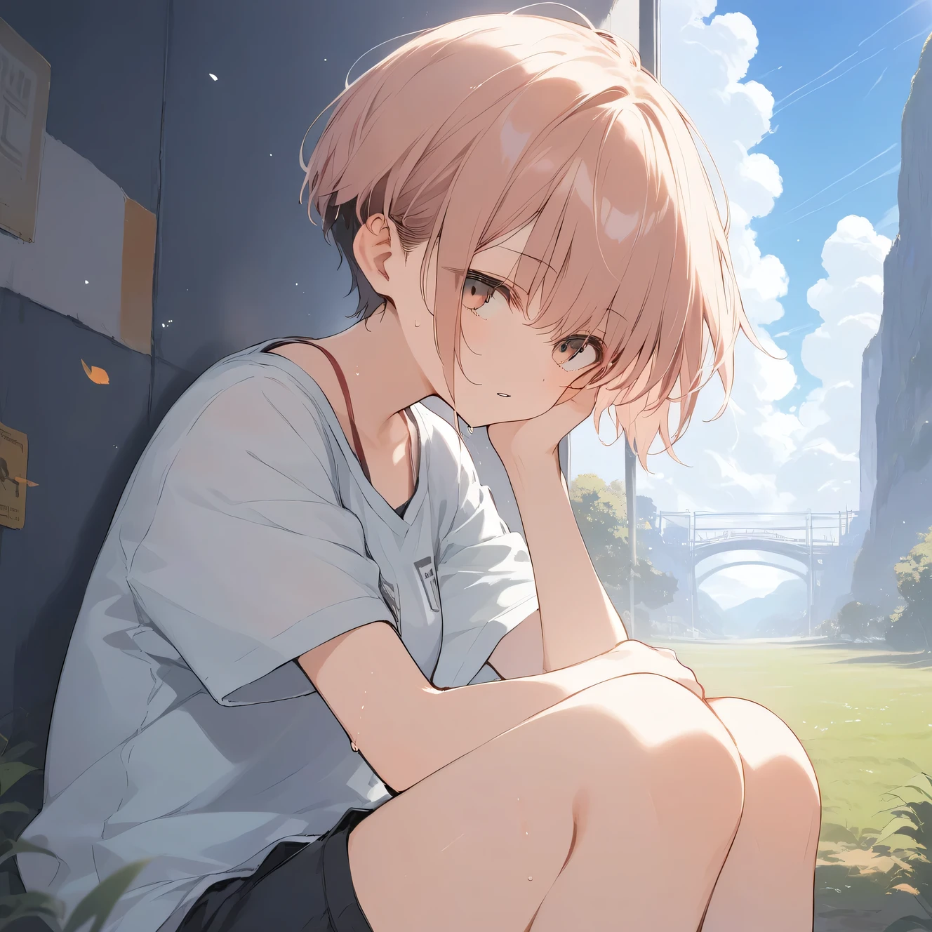 score_9, score_8_up, score_7_up, source_anime, best quality, masterpiece, official art, absurdres, highres, ultra-detailed,waifu2x,Collection: Slice of Life,break,1girl, tomboy, very short hair, pixie cut, breasts, hanme, beautiful detailed eyes, expressionless, shorts,sweat, parted lips, sleepily, outdoors,meadow, wind, break,(clear line illustration:1.2), super detailed skin,very high resolution, very aesthetic, Best sexual lighting powered by famous artist, 8k, beauty illustration,photoshop_(medium),,(Detailed Lighting),best anime 8k konachan wallpaper, pixiv contest winner,