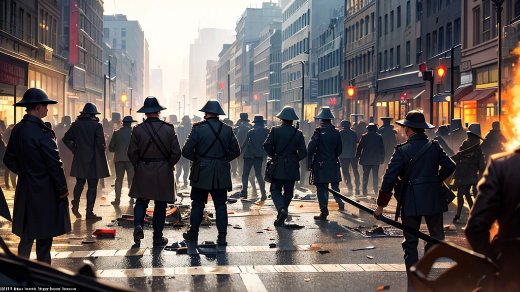 Chaotic streets, Burning streets, The crowd scattered, Street in the early 20th century, There is debris on the ground, World War II