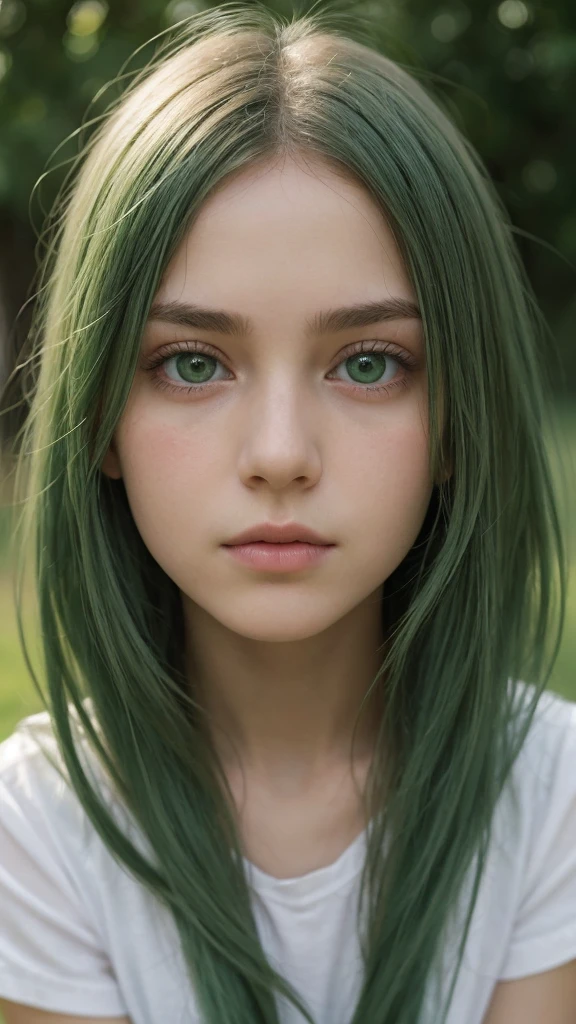 a girl.  Europe.  Oval face.  delicate facial features.  charming.  Long, straight, messy hairstyle.  green hair.  green eyes.  Sad.  straight face.  outdoor