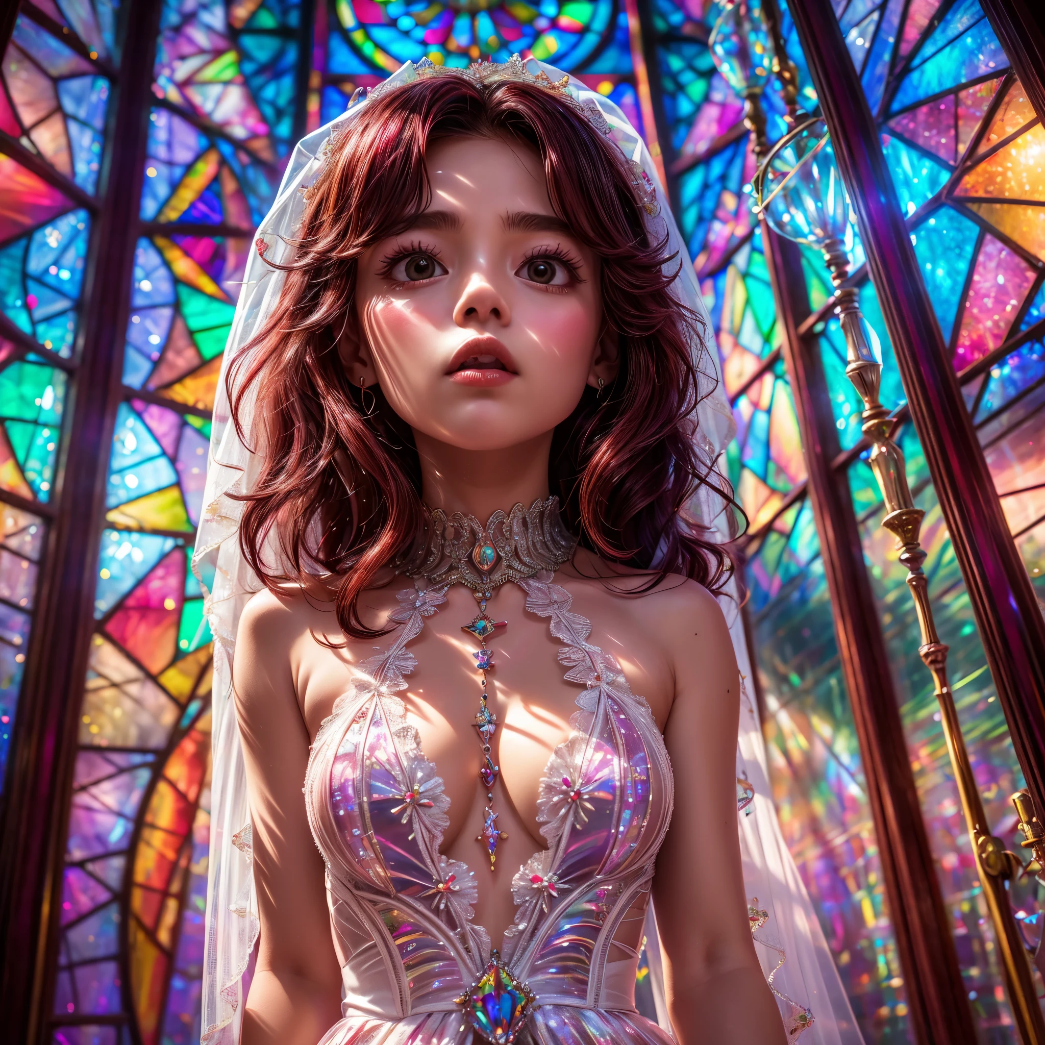 RubyRed (Cathedral from below:1.28) (ZoomLayer) TopQuality 8K masterpiece of ((Professional photo)), (((Clarisse de Cagliostro))) (Detailed White WeddingDresses), Chain, (((Extremely detailed KAWAII face))) {((VeiledFace))|BlondeHair|(Elaborate BuleEyes)with(SparklingHighlights:1.28)}, The background is distant (((Elaborate stained glass))) Rainbow Glass, {(MysticSight)|EnchantingAtmosphere|Haze|(GodRays)|TyndallEffect}, Radiant PearlSkin with Transparency, (Exposed:0.39)