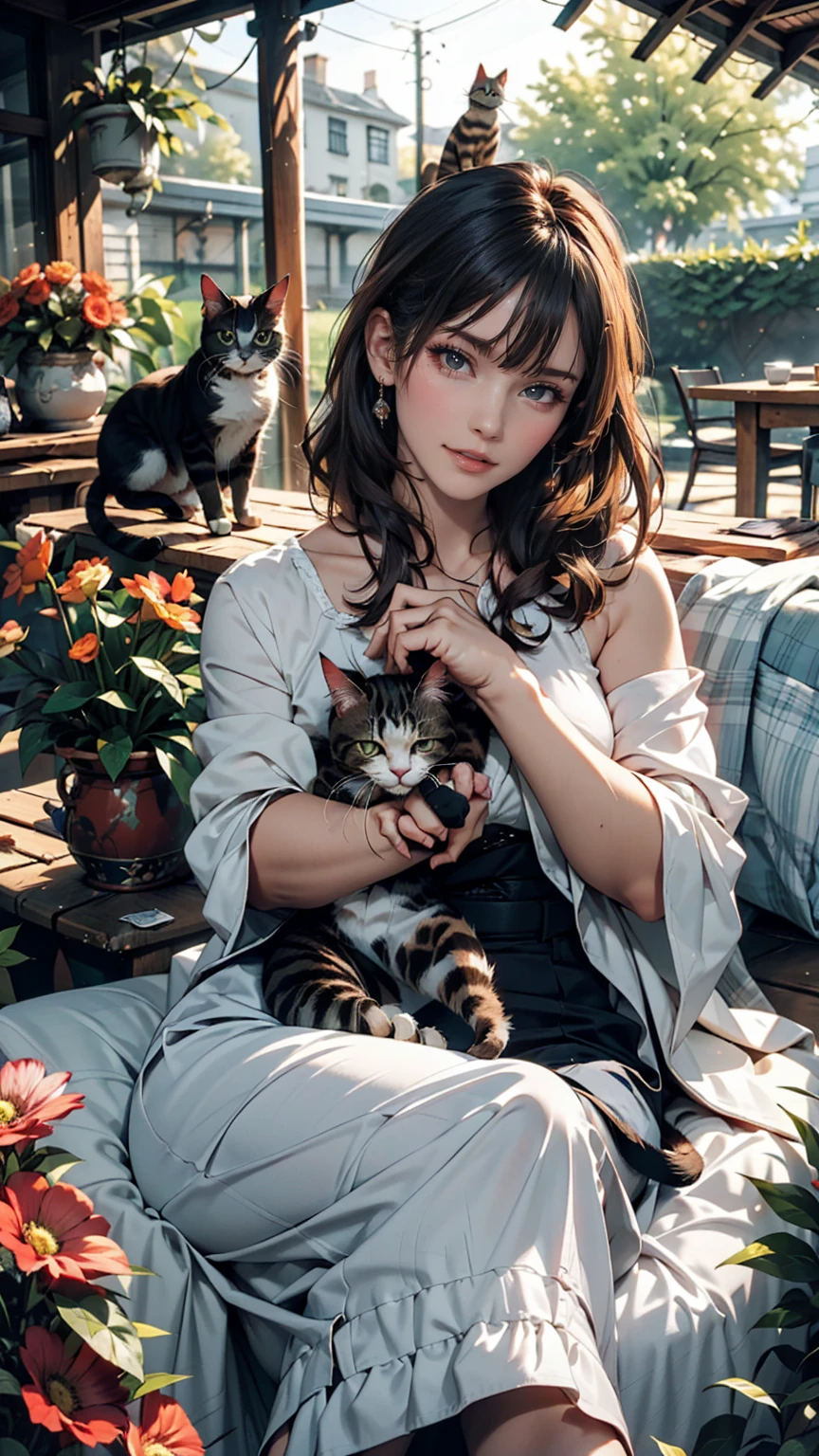 On the veranda of an old country house、A woman and her cat spending an afternoon knitting。The cat is sunbathing、Curled up comfortably。There is a flower-filled garden all around.
