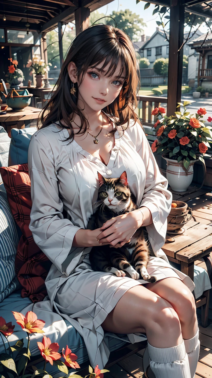 On the veranda of an old country house、A woman and her cat spending an afternoon knitting。The cat is sunbathing、Curled up comfortably。There is a flower-filled garden all around.