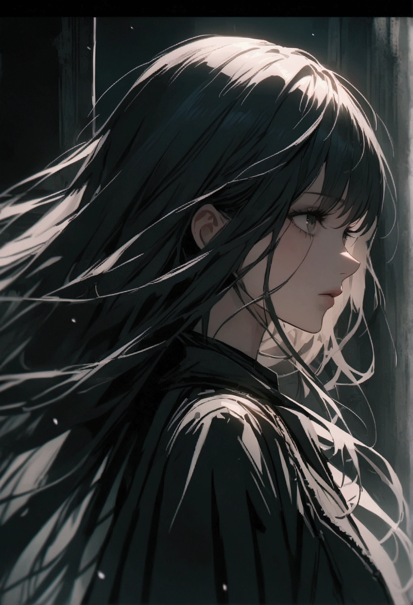 women with long hair, darkness, definition of void, void, cinematic, 4K, dynamic, highly detailed