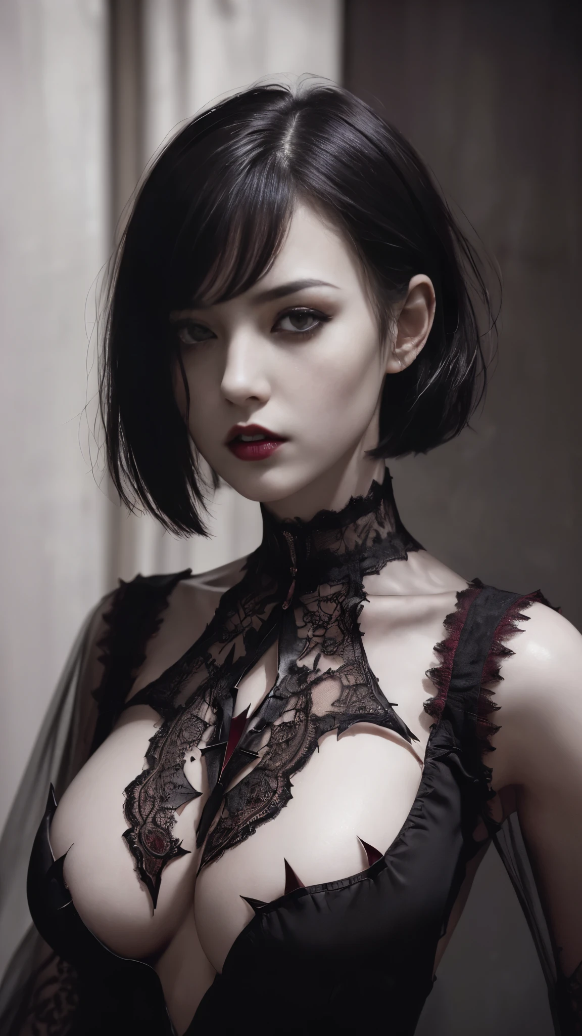 nsfw、(high quality: 1.3), Cinematic shots, masterpiece, (Sharp focus: 1.5), (Realistic: 1.3), Medium size portrait ((Big Breasts)) (Beautiful young vampire woman, Pale skin, Gothic, Red wine still proud、Brave, Straight black short bob hair, Dark look, Detailed lace design、Wearing a very detailed dark tunic, Dark atmosphere, Sculpting shapes with chiaroscuro), that'night, (Very detailed肌), (Detailed face), Detailed Background, Dim lighting, dusk lighting, Volumetric lighting, Intricate details, Ultra-high resolution,Very beautiful woman、Slender women、(Detailed face)、Realistic Skin、((Delicate photo)),(少女masterpieceRAW写真詳細:1.25), (最high quality:1.6), (Ultra-high resolution:1.5), (Realistic:1.75),8k resolution, ,50mm,Absurd, Very detailed,Cinema Lighting、