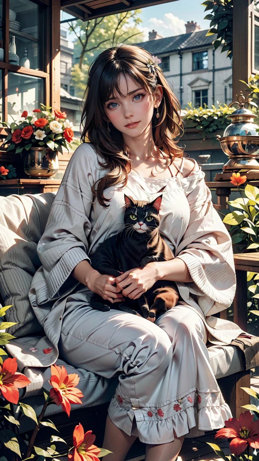 On the veranda of an old country house、A woman and her cat spending an afternoon knitting。The cat is sunbathing、Curled up comfortably。There is a flower-filled garden all around.