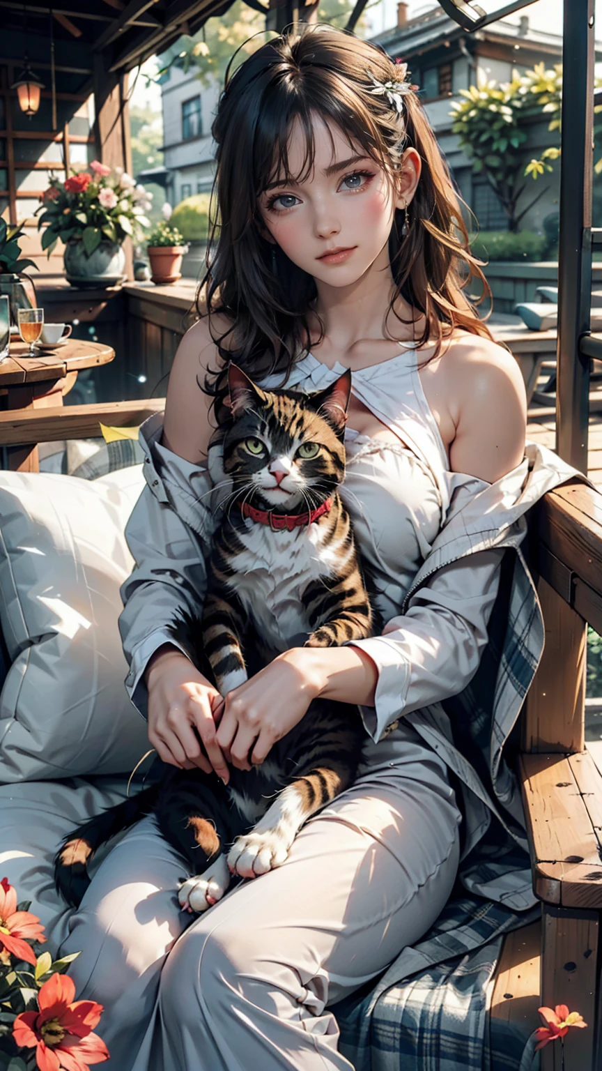 On the veranda of an old country house、A woman and her cat spending an afternoon knitting。The cat is sunbathing、Curled up comfortably。There is a flower-filled garden all around.