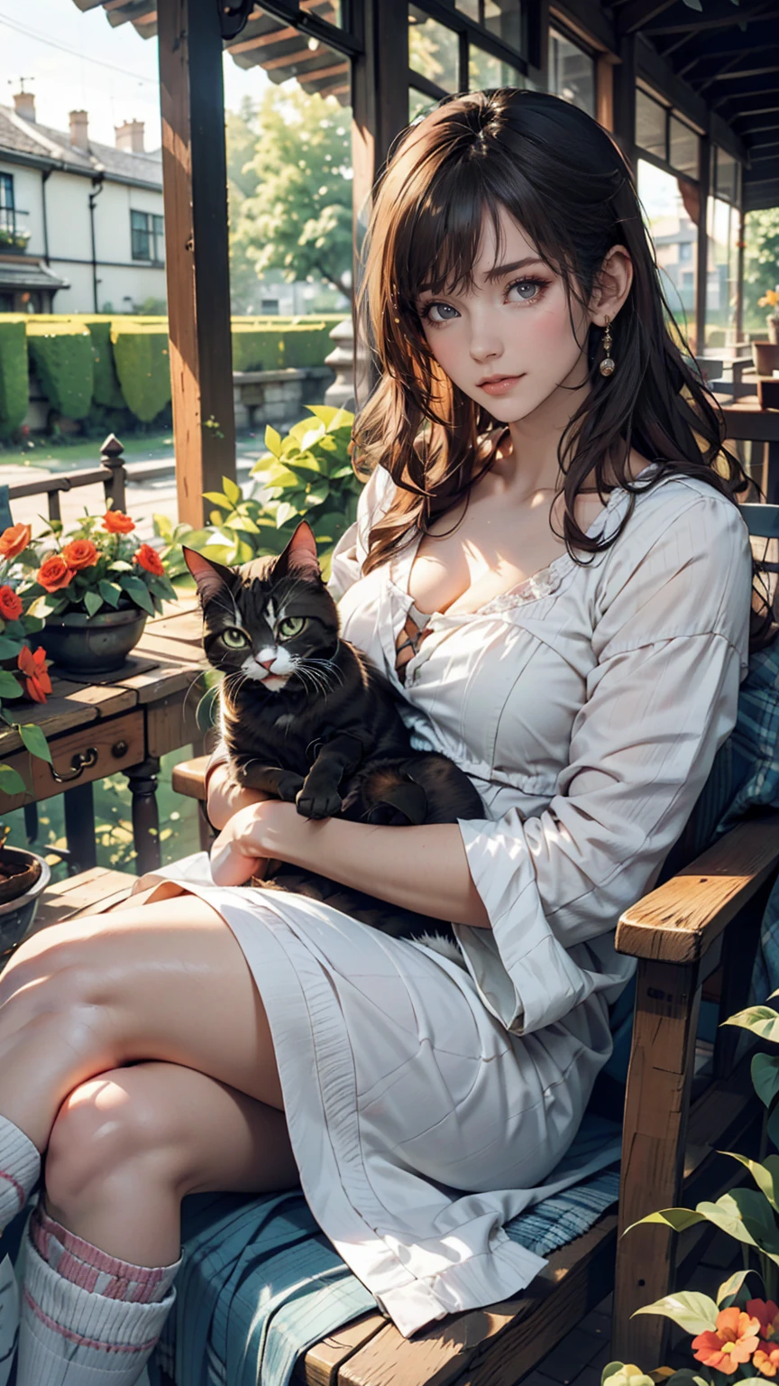 On the veranda of an old country house、A woman and her cat spending an afternoon knitting。The cat is sunbathing、Curled up comfortably。There is a flower-filled garden all around.