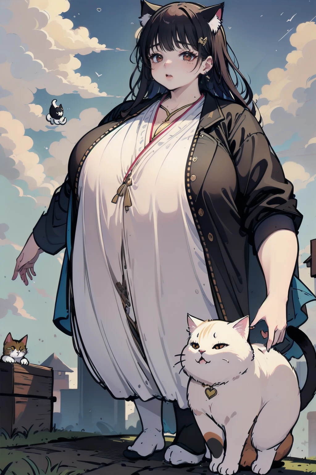 (One huge huge huge very obese cat) たくさんの小さなFat catによって形成される, detailed、Rain of Cats、Cat falling from the sky to the ground、Cats falling from the sky、Fat cat
