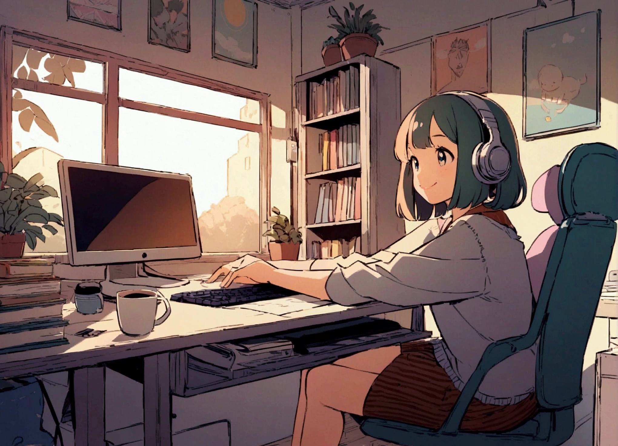Girl working on a PC,Lo-fi atmosphere,Quiet and relaxing environment,Cozy rooms with warm lighting,Illustration in vintage style,Soft and calming colors,Cute anime style characters,Retro Computer Monitor and Keyboard,Over-Ear Headphones,Coffee Mugs,Bob hair and round glasses,smile with rosy cheeks,A keyboard with colorful keycaps,ted plant on the desk,fairy lights on background,Artistic posters on the wall,Soft sunlight streaming through the window,Quiet and peaceful environment,Stimulating and creative atmosphere,Retro aesthetic vibe,Relaxing music playing in the background,Comfortable chair and ergonomic setup,A desk covered with artistic notebooks and stationery,Stylish and unique desktop wallpapers,A bookshelf filled with books and records,A unique creative workspace,neatly organized desk,Inspirational quotes on the wall,A soothing lavender scented candle,Cheerful and cheerful personality,Positive and focused mindset,Expression of joy and satisfaction,Beautiful and delicate eyes and lips,feel happy and productive,Increase motivation to complete tasks,Attention to detail in every stroke,Imagination and creativity in her work,An artistic atmosphere that inspires others.