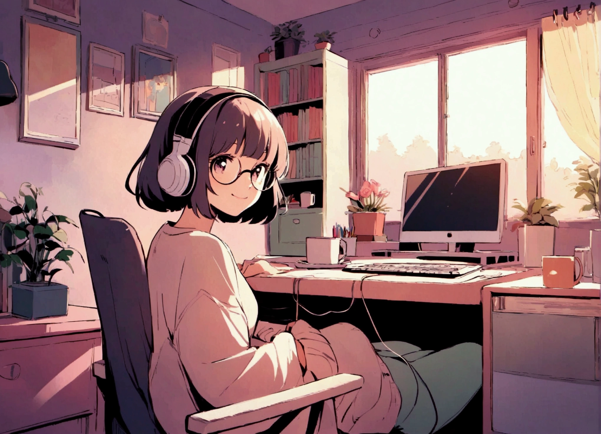 Girl working on a PC,Lo-fi atmosphere,Quiet and relaxing environment,Cozy rooms with warm lighting,Illustration in vintage style,Soft and calming colors,Cute anime style characters,Retro Computer Monitor and Keyboard,Over-Ear Headphones,Coffee Mugs,Bob hair and round glasses,smile with rosy cheeks,A keyboard with colorful keycaps,Potted plant on the desk,fairy lights on background,Artistic posters on the wall,Soft sunlight streaming through the window,Quiet and peaceful environment,Stimulating and creative atmosphere,Retro aesthetic vibe,Relaxing music playing in the background,Comfortable chair and ergonomic setup,A desk covered with artistic notebooks and stationery,Stylish and unique desktop wallpapers,A bookshelf filled with books and records,A unique creative workspace,neatly organized desk,Inspirational quotes on the wall,A soothing lavender scented candle,Cheerful and cheerful personality,Positive and focused mindset,Expression of joy and satisfaction,Beautiful and delicate eyes and lips,feel happy and productive,Increase motivation to complete tasks,Attention to detail in every stroke,Imagination and creativity in her work,An artistic atmosphere that inspires others.