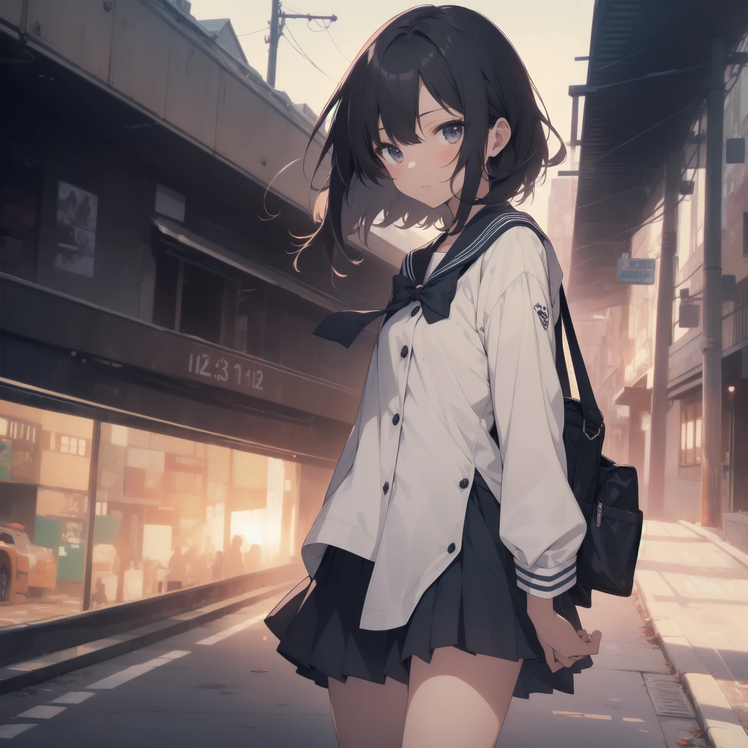 ultra-absurdres-Top quality by artist God, ultra-detailed, high resolution, anime moe artstyle, best anime 8k konachan wallpaper, pixiv contest winner, pool:2810, perfect anatomy,break, 1girl, (Please draw a girl walking sleepily to school alone. )break,(Solo,little female, 13-year-old:1.3),Full limbs, complete fingers,a junior high school student, (very short hair), short cut, flat chest, , small butt, small black eyes, beautiful detailed eyes, well-proportioned iris and pupils, expressive eyes, highres detailed hair, soft expression, salor school_uniform, sailor collar, serahuku, bow, pleated skirt,(Detailed Lighting), (Detailed background), in the School commute route. break,super detailed skin, Best cinematic lighting powered by famous artist, 8k,beauty illustration,photoshop_(medium),very aesthetic,break,((artist:zen_(kamuro) )), artist:clamp ,artist:carnelian ,artist:kantoku ,