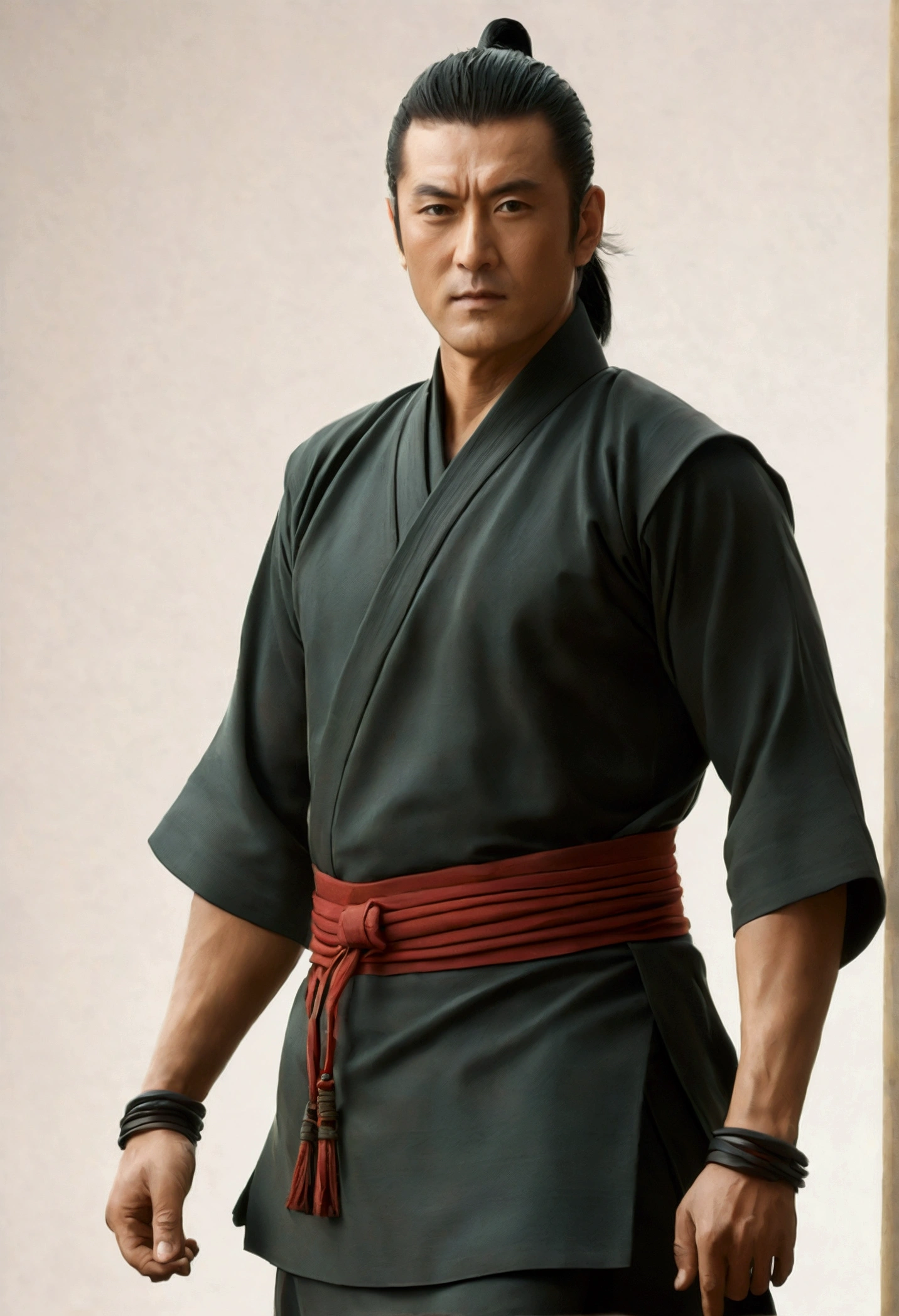 Physical Characteristics of Hashirama Senju Height: Hashirama is tall, with an imposing presence.
body hair: Long and dark, usually tied in a high ponytail. Your hair is straight and thick.
eyeballs: eyeballs escuros que refletem sua determinação e sabedoria.
muka: muka definido com traços fortes, including an X-shaped scar on his face, which adds an air of experience and past battles.
tenue: He wears a traditional ninja outfit with protective red armor over a black tunic.. The armor is made up of several plates, providing additional defense during battles.
stance: Your posture is upright and confident, conveying authority and leadership.
hands and arms: Strong and muscular, indicating his skill in hand-to-hand combat and ninjutsu.
 .realist anime format