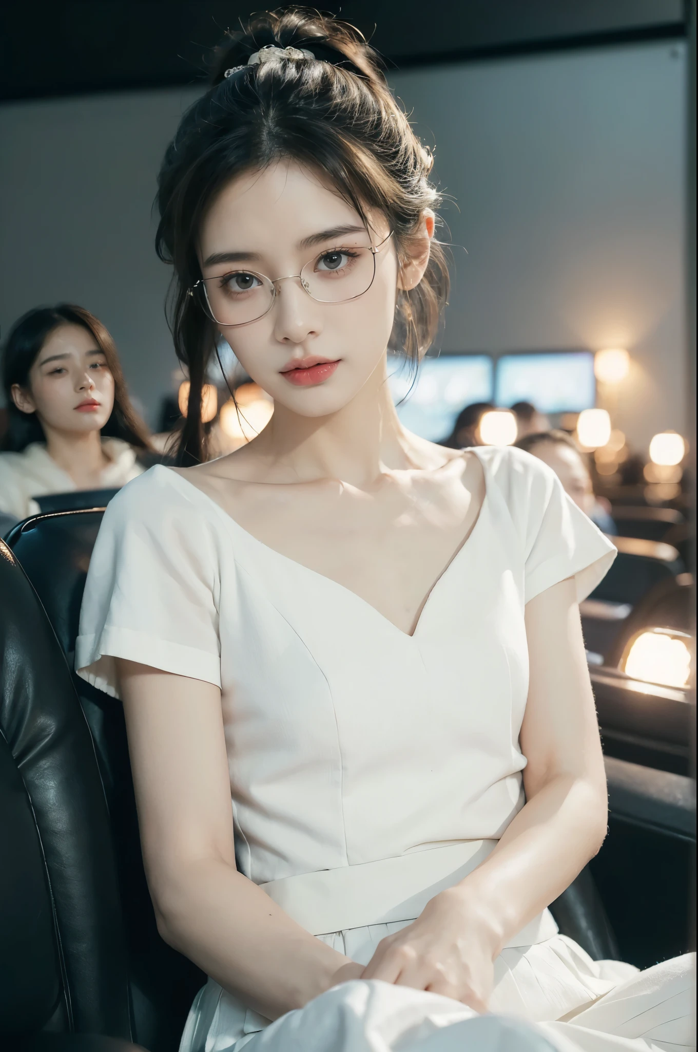 (((best quality))),(((ultra detailed))),(((masterpiece))),illustration,((a beautiful girl,solo)),(short ponytail:1.2),(glasses:1.2),((slim,thin)),((small ,flat chest)),(sitting:1.3),(in a movie theater:1.3),((white short-sleeved shirt,white flowing long skirt)),elegant, youthful innocence, radiant skin, focused eyes,(movie screen:1.2), (dimly lit:1.5), plush seating, intricate decorations, freshly popped popcorn, anticipation, peaceful expression, cozy surroundings, summer,(night scene:1.3),(Luxurious decoration:1.3), tranquility, joy,((Future technology sense, cyberpunk style)),((from front,upper body))