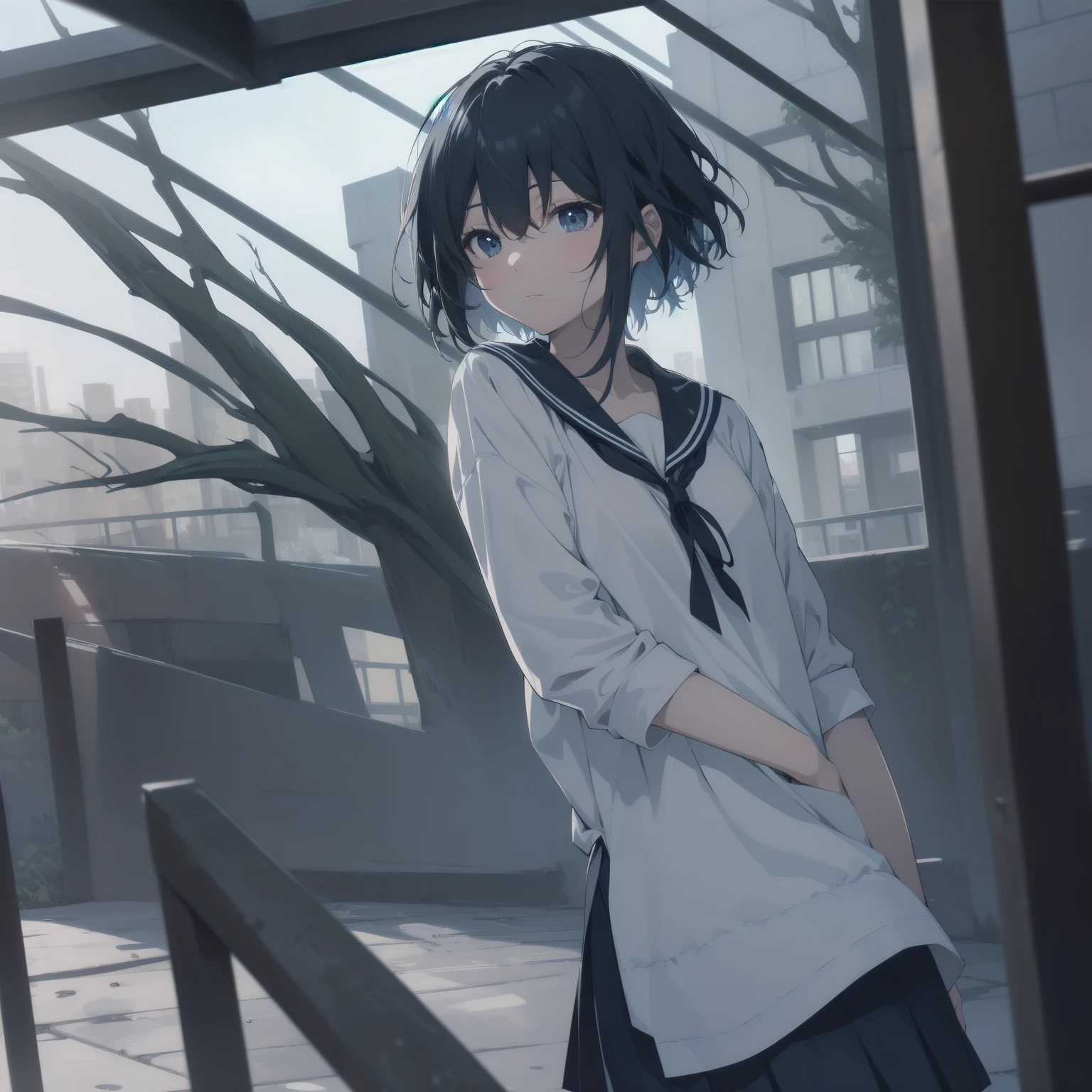 ultra-absurdres-Top quality by artist God, ultra-detailed, high resolution, anime moe artstyle, best anime 8k konachan wallpaper, pixiv contest winner, pool:2810, perfect anatomy,break, 1girl, (Please draw a girl walking sleepily to school alone. )break,(Solo,little female, 13-year-old:1.3),Full limbs, complete fingers,a junior high school student, (very short hair), short cut, flat chest, , small butt, small black eyes, beautiful detailed eyes, well-proportioned iris and pupils, expressive eyes, highres detailed hair, soft expression, salor school_uniform, sailor collar, serahuku, bow, pleated skirt,(Detailed Lighting), (Detailed background), in the School commute route. break,super detailed skin, Best cinematic lighting powered by famous artist, 8k,beauty illustration,photoshop_(medium),very aesthetic,break,((artist:zen_(kamuro) )), artist:clamp ,artist:carnelian ,artist:kantoku ,
