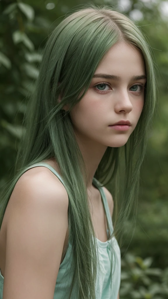 a girl.  Europe.  Oval face.  delicate facial features.  charming.  Long, straight, messy hairstyle.  green hair.  green eyes.  Sad.  straight face.  outdoor