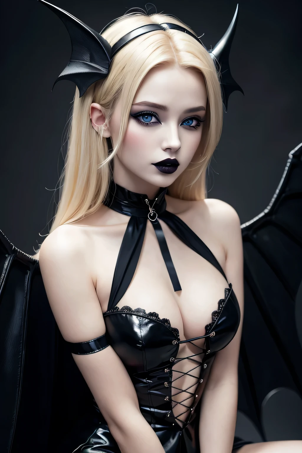 igenerate the image of a beautiful girl, 20 years old, vampire, blonde hair, blue eyes, small horns, a pair of open bat wings, eyes with black shadow around them, lips with black lipstick, wearing a gothic dress with a large neckline , sitting, portrait, photorealistic, megahyperrealistic, ultra-detailed