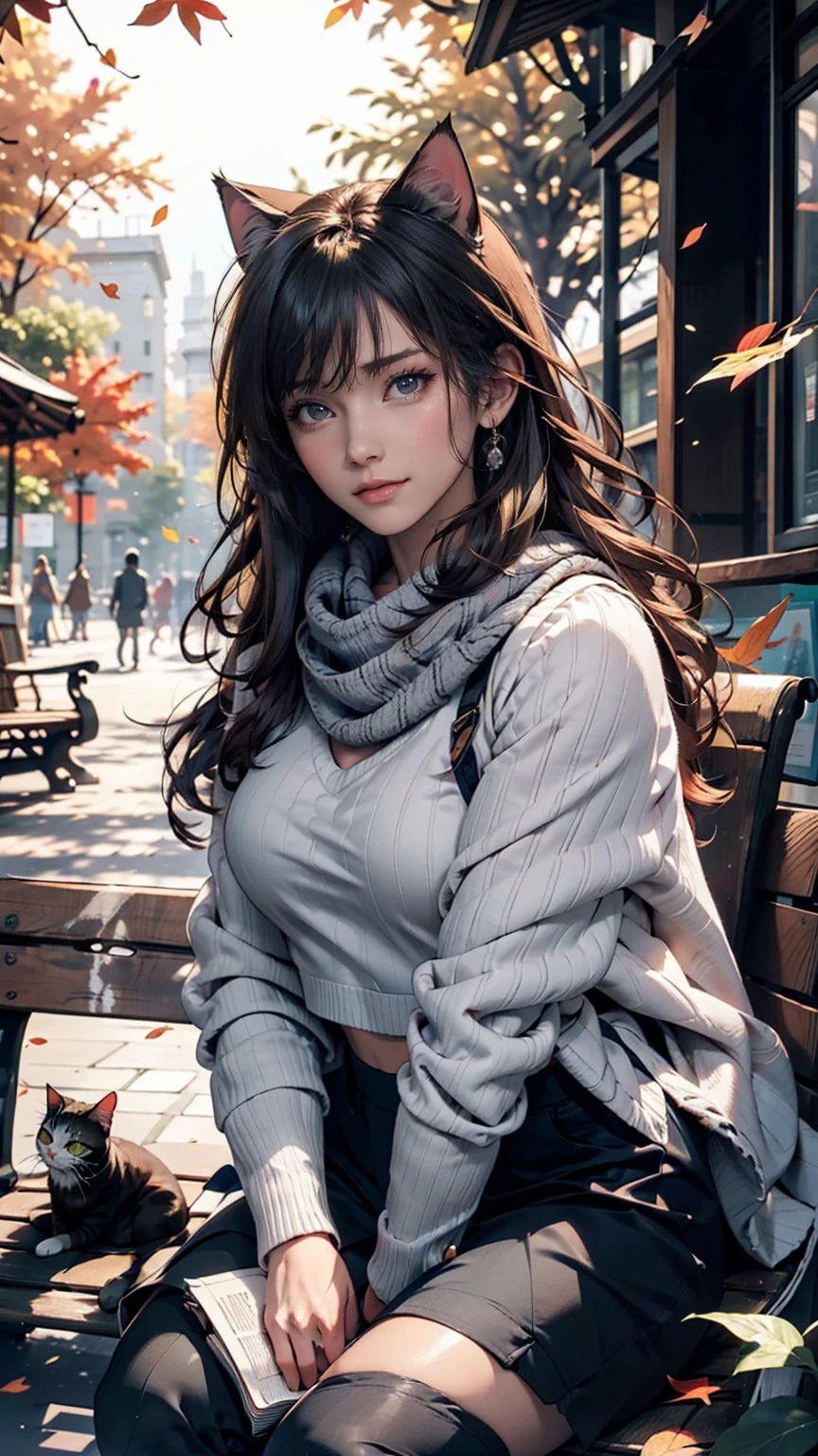 In an autumn park with falling leaves、A woman sitting on a bench reading a book and a cat。She is wearing a warm sweater and scarf、The cat is relaxing next to her