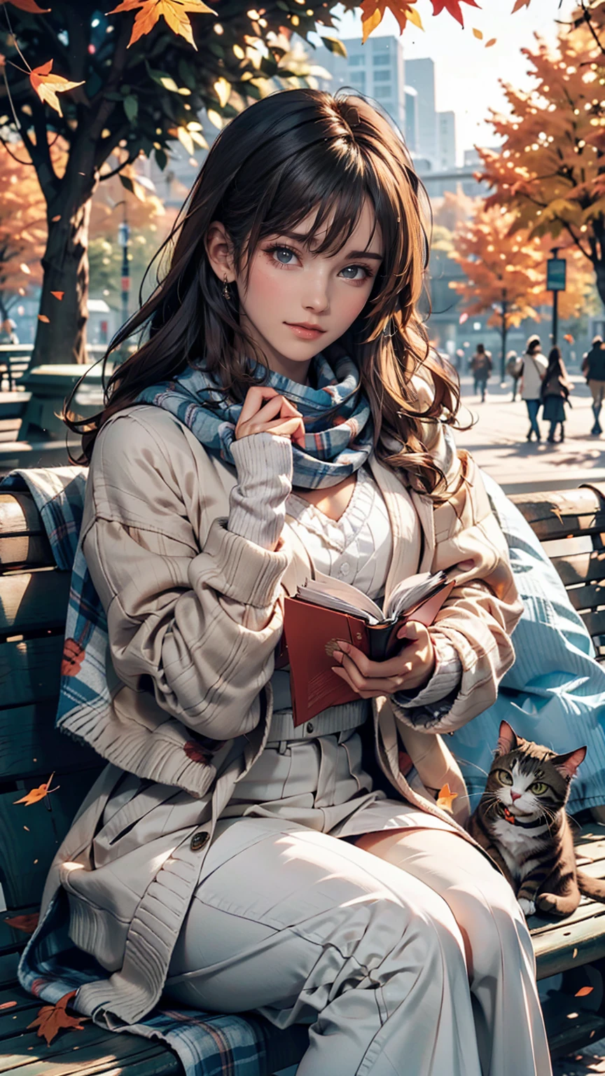 In an autumn park with falling leaves、A woman sitting on a bench reading a book and a cat。She is wearing a warm sweater and scarf、The cat is relaxing next to her