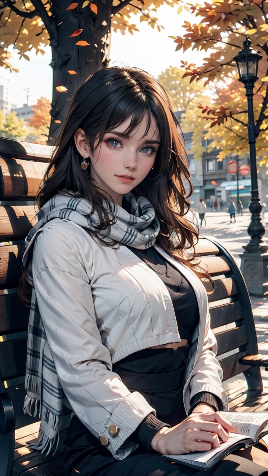 In an autumn park with falling leaves、A woman sitting on a bench reading a book and a cat。She is wearing a warm sweater and scarf、The cat is relaxing next to her