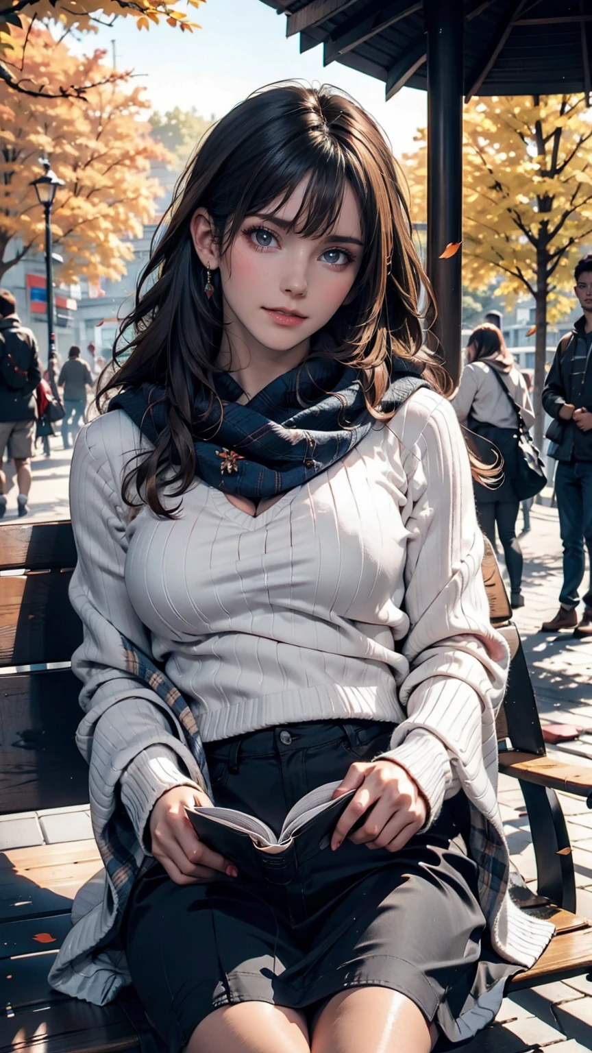 In an autumn park with falling leaves、A woman sitting on a bench reading a book and a cat。She is wearing a warm sweater and scarf、The cat is relaxing next to her