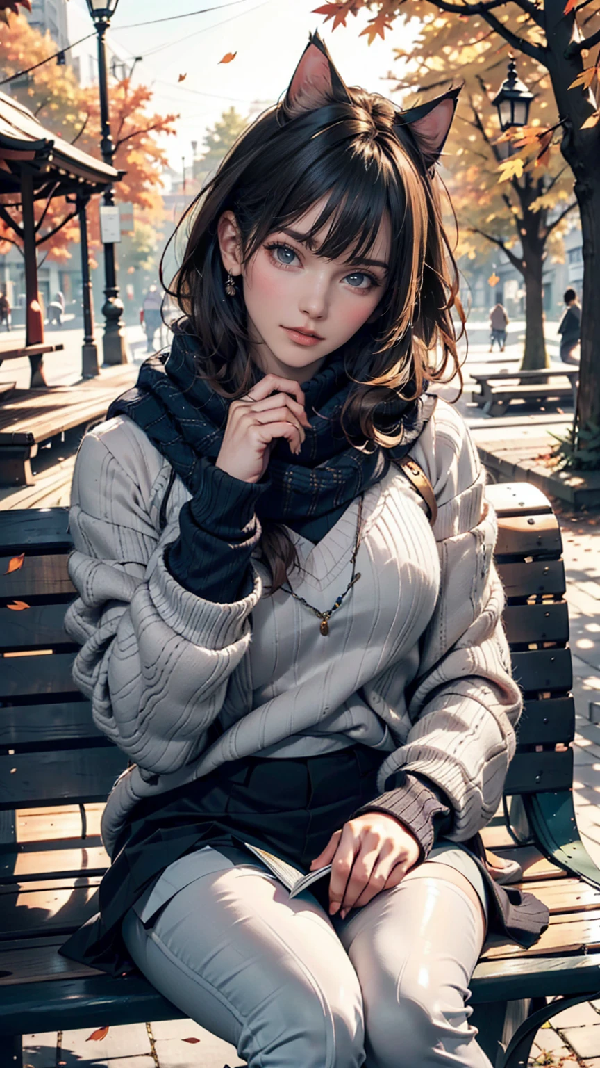 In an autumn park with falling leaves、A woman sitting on a bench reading a book and a cat。She is wearing a warm sweater and scarf、The cat is relaxing next to her