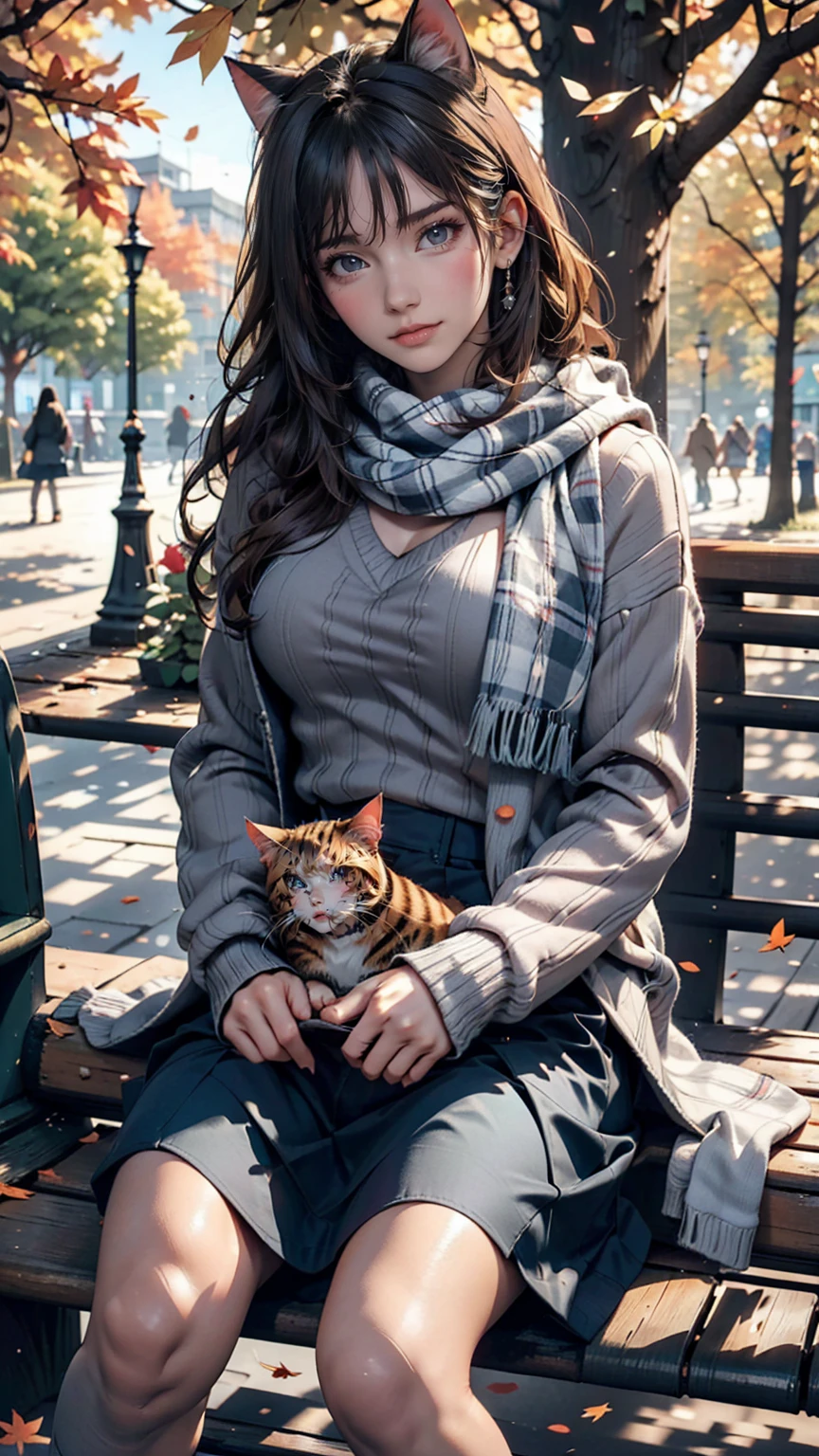 In an autumn park with falling leaves、A woman sitting on a bench reading a book and a cat。She is wearing a warm sweater and scarf、The cat is relaxing next to her