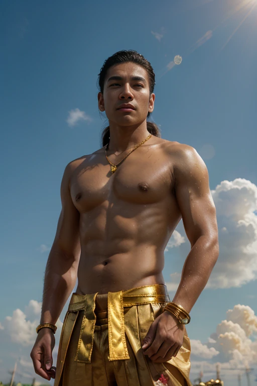 Asian god, A handsome Thai guy, topless, gold bangle on arms, gold earing, gold pendant, gold rings, Indian Dhoti Style, top-knot hairstyle, standing on a cloud, Full Frame, Professional Lighting, heaven background.