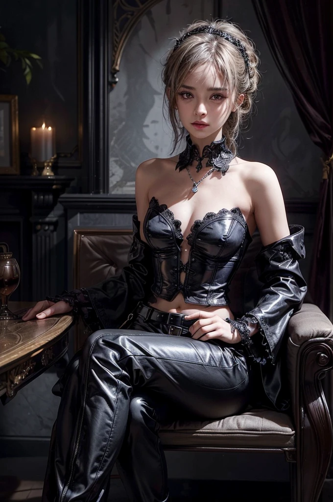 BDSM, In her right hand she is holding a BDSM whip, Disappointed look, Sexy look, Fascinating表情の詳細: 1.4): 0.4], 16K resolution, 4K resolution, (Perfect flat stomach), (Color images), break I. Outfigant, Fascinating, fitted latex corset, Tight latex pants, spouse, fall back, Deep neckline, A belt decorated with mystical symbols, High heel boots, Black and Silver Jewelry. Ⅱ. venue: Gothic castle, Dark and mysterious atmosphere, Dim lighting with chandeliers, A library filled with old magic books, A mirror bordered with magical motifs, Scented candles, Mysterious fog floating in the air. ⅡI. Decoration: Gothic atmosphere, Dim lighting with purple and blue lights, Sleek furniture with black and silver accents, Black velvet curtains, Mirror decorated with magical motifs, Lavender scented candles, break, View your viewers, masterpiece, Highest quality, Very detailed, desire, blush, (Beautifully detailed eye depiction), (Beautiful and elaborate face), Perfect female body, (Highest quality), (Ultra-detailed), (Masseter muscle area), (High resolution), (original), (Very detailed CG Unity 8K 壁紙