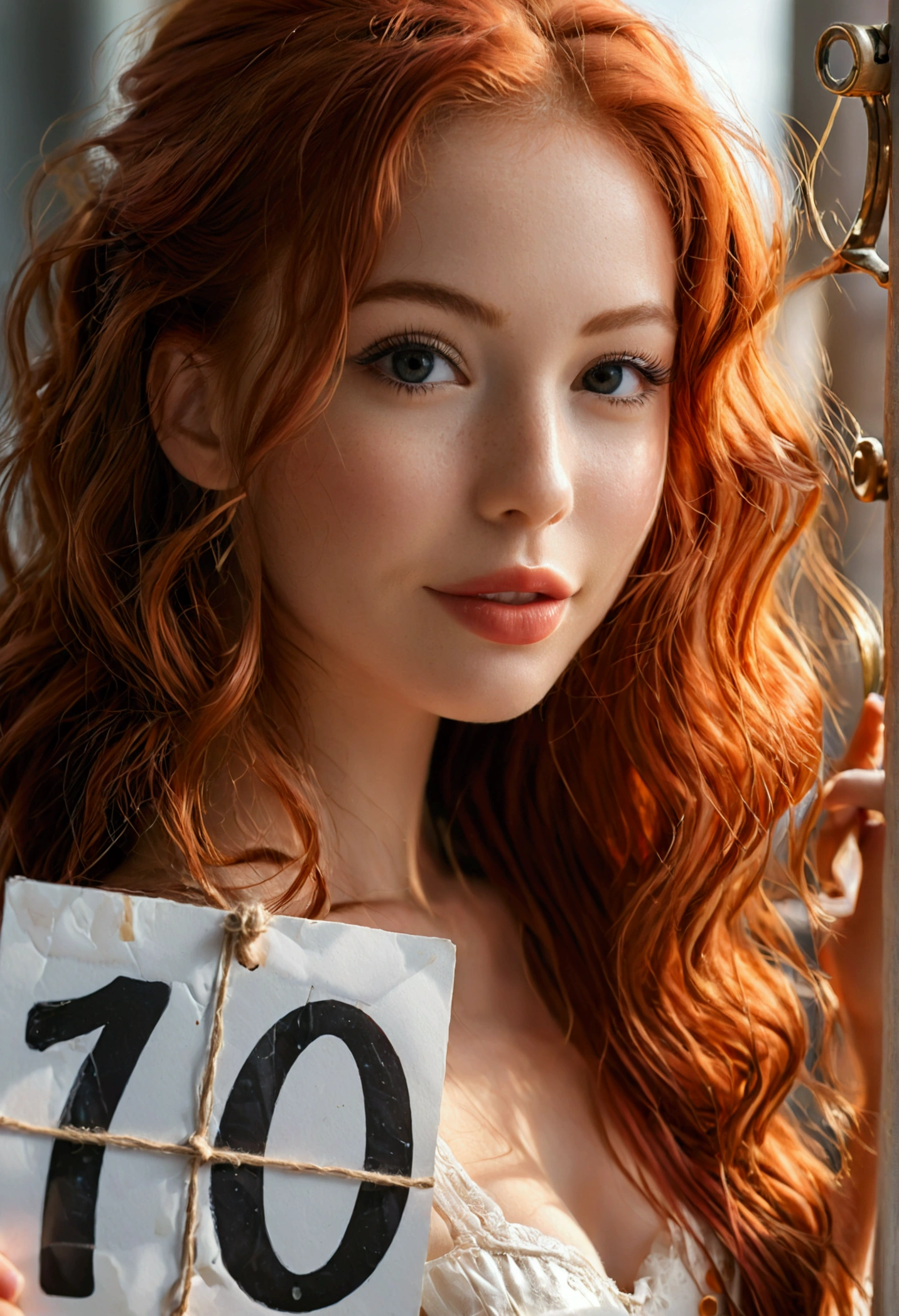 ultra realistic, photography, long red hair, girl, 24 years old, hourglass figure, perfect body, Flirty look, natural breasts, blur background, holding up a sign with "100" written on it, pouting lips, long eyelashes, smile