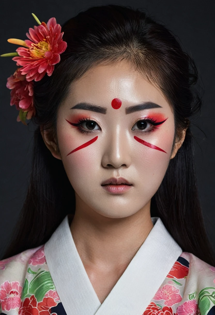 Centered on a dark background,The severed head of a beautiful 18-year-old Japanese woman wearing Korean makeup,The woman's eyes are open,The expression expresses icy fear.,Blood is dripping from his neck、In the background, there is a dilapidated old building and a gloomy fog.,8k