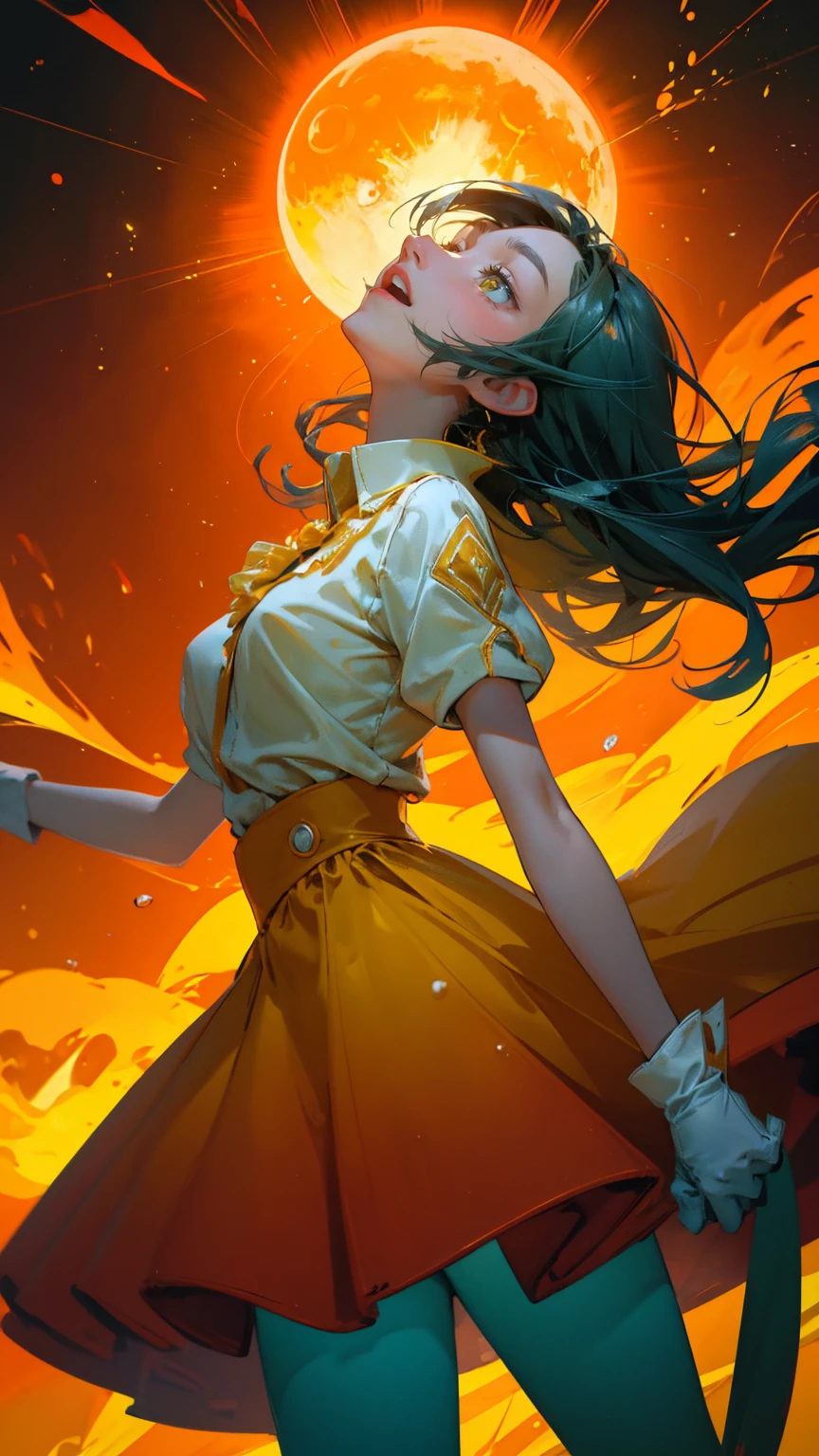 a girl with big eyes and a happy expression is standing on the ground, surrounded by flames, while looking up at an orange sun in the sky. The background behind his head reflects yellow light, and he has green skin. He wears white gloves and holds water droplets under one arm. His mouth opens wide to show sharp teeth. This illustration was created using digital art techniques. It uses bright colors such as reds, yellows, oranges, greens, dark blue, etc., giving it a lively feeling.