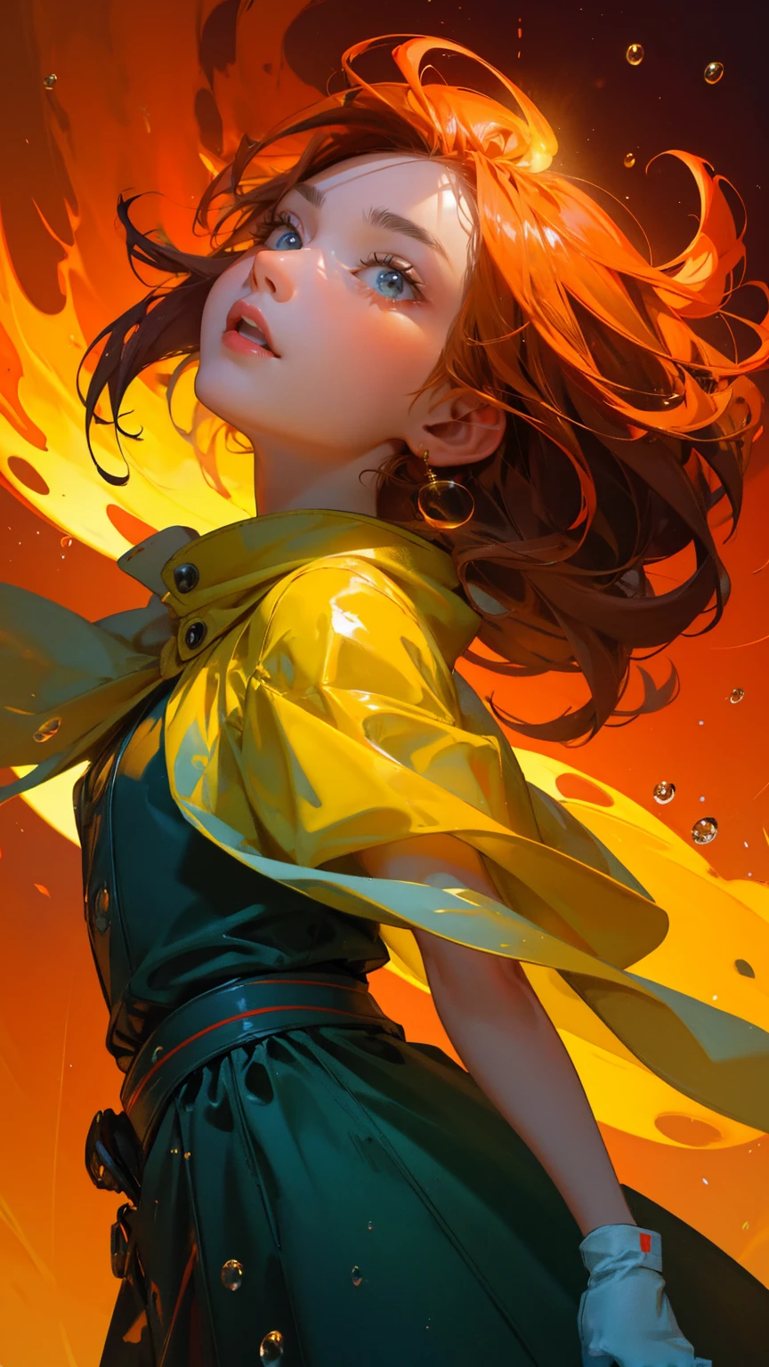 a girl with big eyes and a happy expression is standing on the ground, surrounded by flames, while looking up at an orange sun in the sky. The background behind his head reflects yellow light, and he has green skin. He wears white gloves and holds water droplets under one arm. His mouth opens wide to show sharp teeth. This illustration was created using digital art techniques. It uses bright colors such as reds, yellows, oranges, greens, dark blue, etc., giving it a lively feeling.