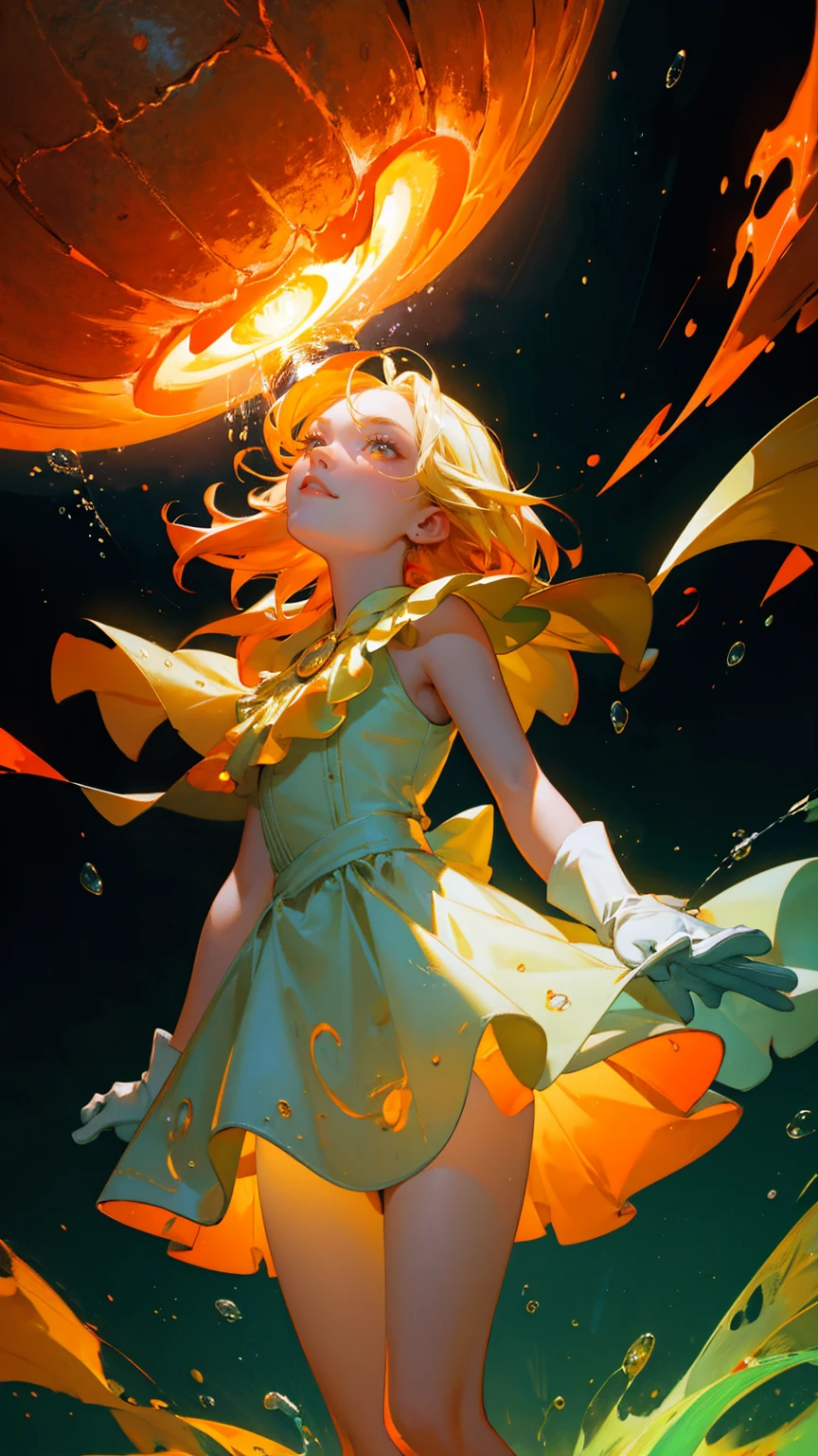 a girl with big eyes and a happy expression is standing on the ground, surrounded by flames, while looking up at an orange sun in the sky. The background behind his head reflects yellow light, and he has green skin. He wears white gloves and holds water droplets under one arm. His mouth opens wide to show sharp teeth. This illustration was created using digital art techniques. It uses bright colors such as reds, yellows, oranges, greens, dark blue, etc., giving it a lively feeling.