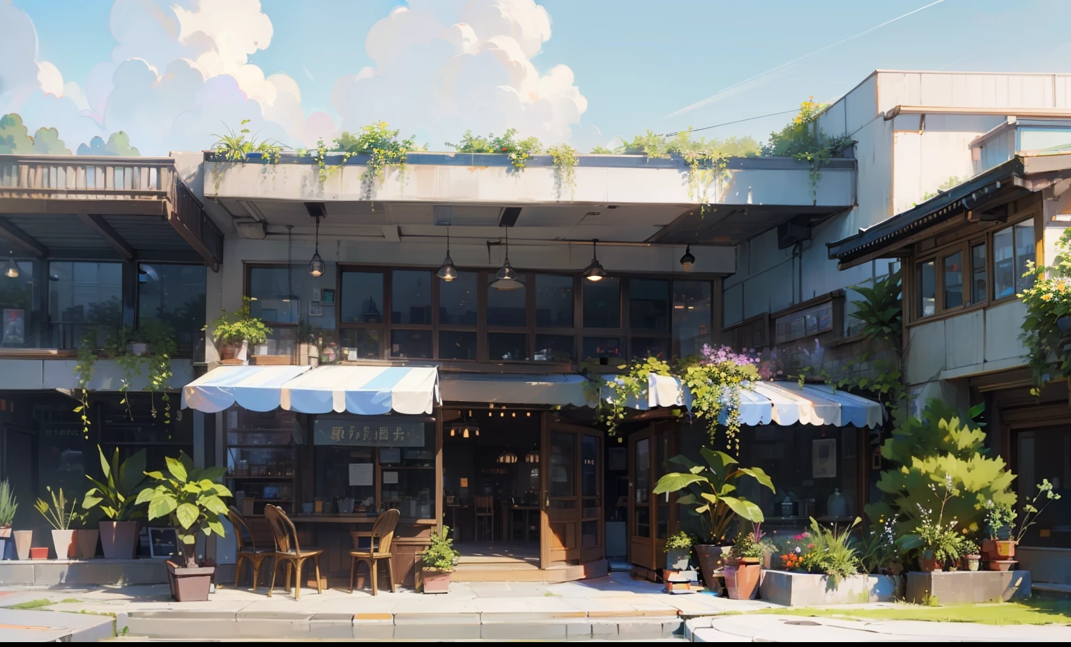 (masterpiece, best quality, Very detailed, Best shadow), (Detailed background,) Restaurant door,The building has a lot of glass walls,There is a glass tank with lights on the first floor,There are trees and potted plants in front of the door,colorful,Daylight,Beautiful scenery