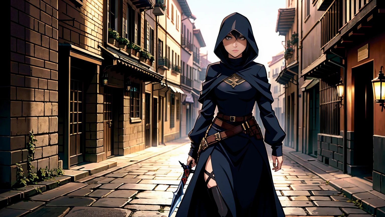 A young female assassin walking through a medieval city at night. She has a stealthy and determined expression, wearing dark, hooded clothing that helps her blend into the shadows. She carries various weapons, such as daggers and throwing knives, hidden within her attire. The background features narrow, cobblestone streets, tall ancient buildings, and dimly lit lanterns casting eerie shadows. The atmosphere is tense and mysterious, capturing the essence of a skilled assassin navigating the city unnoticed.