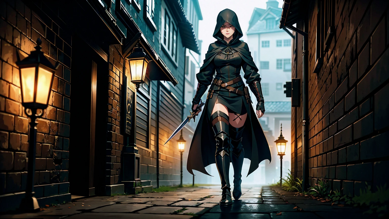 A young female assassin walking through a medieval city at night. She has a stealthy and determined expression, wearing dark, hooded clothing that helps her blend into the shadows. She carries various weapons, such as daggers and throwing knives, hidden within her attire. The background features narrow, cobblestone streets, tall ancient buildings, and dimly lit lanterns casting eerie shadows. The atmosphere is tense and mysterious, capturing the essence of a skilled assassin navigating the city unnoticed.